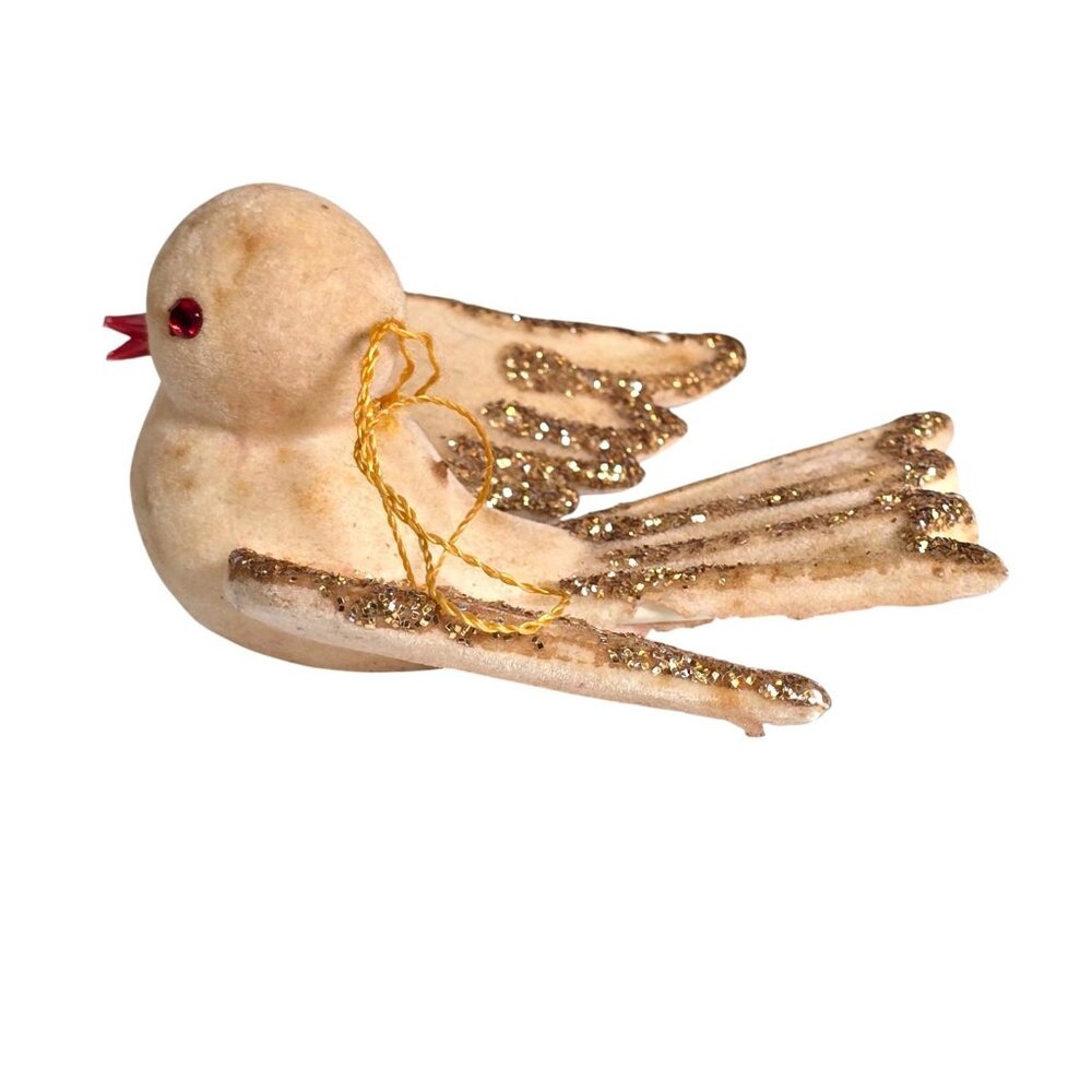 Vintage Flocked Bird Ornament Gold Glitter Wings Holiday Christmas Tree Decor